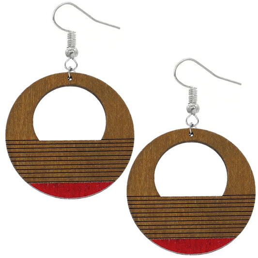 Brown Wooden Red Painted Circular Earrings