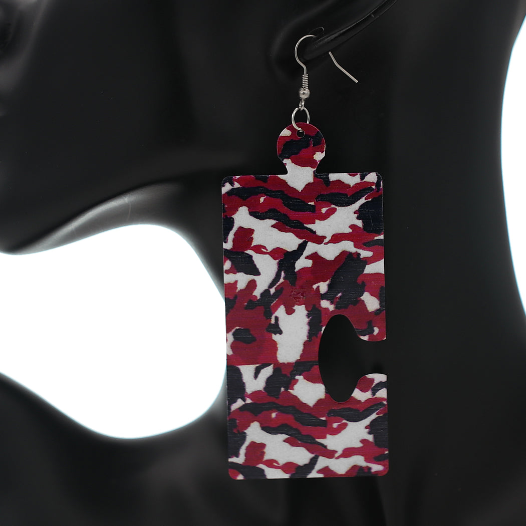 Red Camo Puzzle Piece Rectangular Earrings