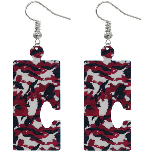 Red Camo Puzzle Piece Rectangular Earrings