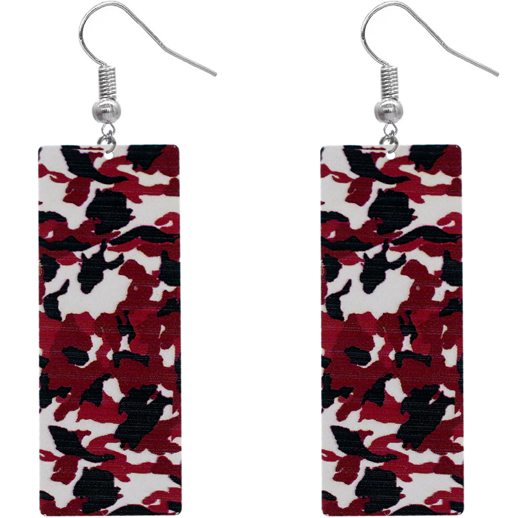 Dark Red Camo Rectangular Drop Earrings