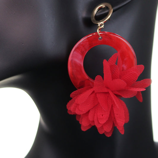 Red Chiffon Open Circle Drop Earrings