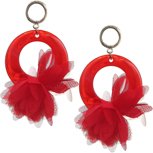 Red Chiffon Open Circle Drop Earrings