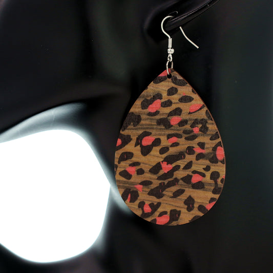 Red Cheetah Print Wooden Teardrop Earrings