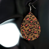 Red Cheetah Print Wooden Teardrop Earrings