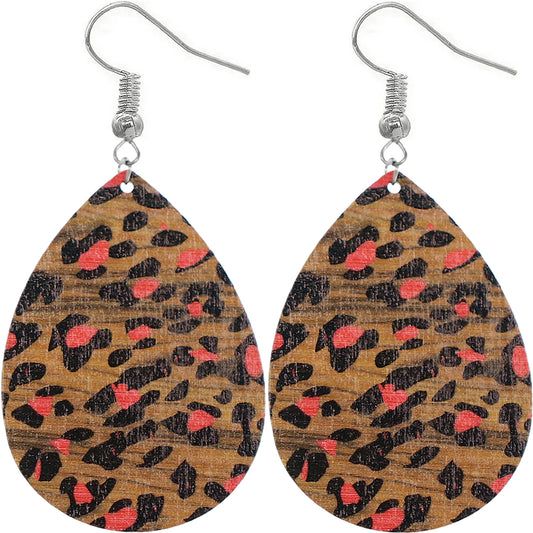 Red Cheetah Print Wooden Teardrop Earrings