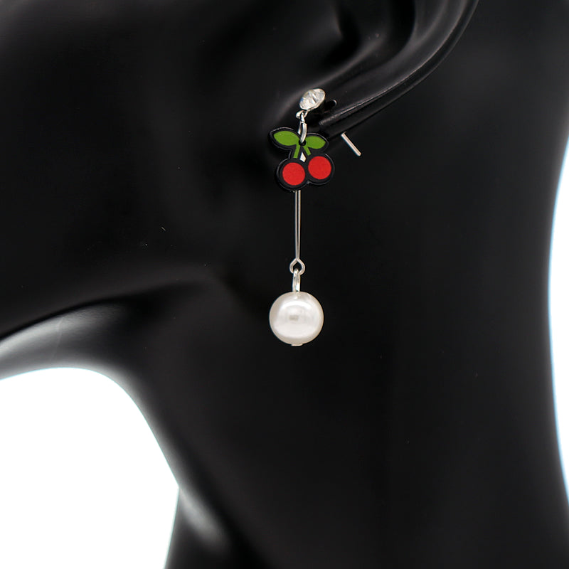 Red Cherry Faux Pearl Drop Bar Earrings