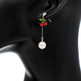Red Cherry Faux Pearl Drop Bar Earrings