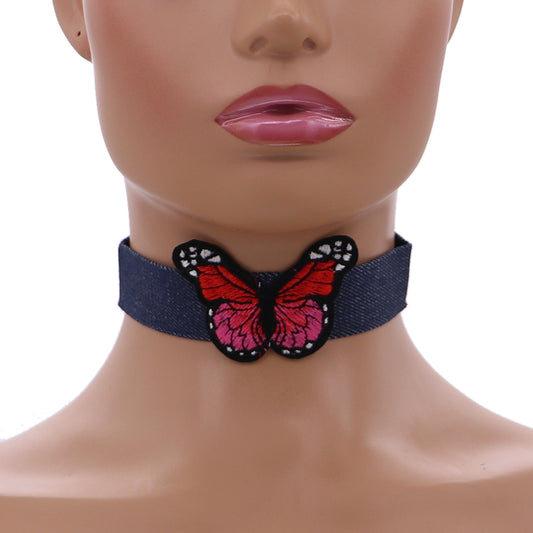 Red Butterfly Denim Embroidery Choker Necklace