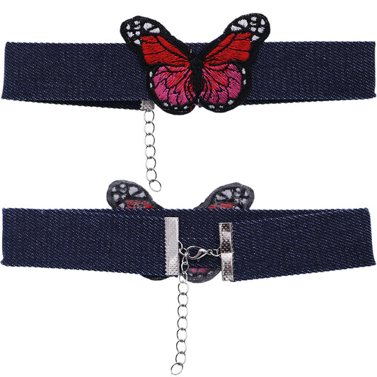 Red Butterfly Denim Embroidery Choker Necklace