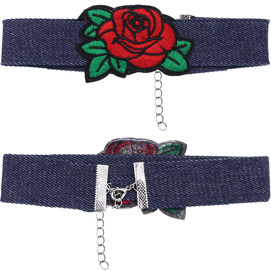 Red Large Rose Denim Embroidery Choker Necklace