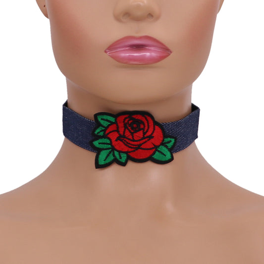 Red Large Rose Denim Embroidery Choker Necklace