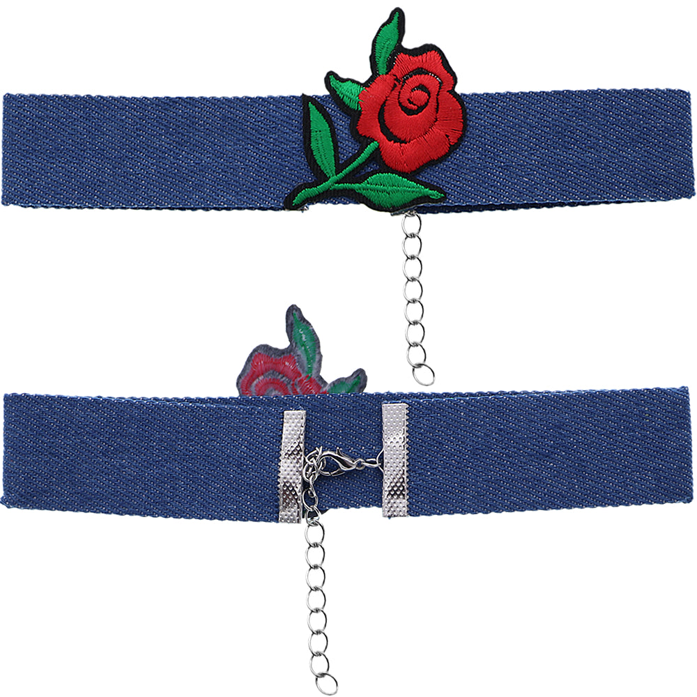 Red Flower Denim Embroidery Choker Necklace