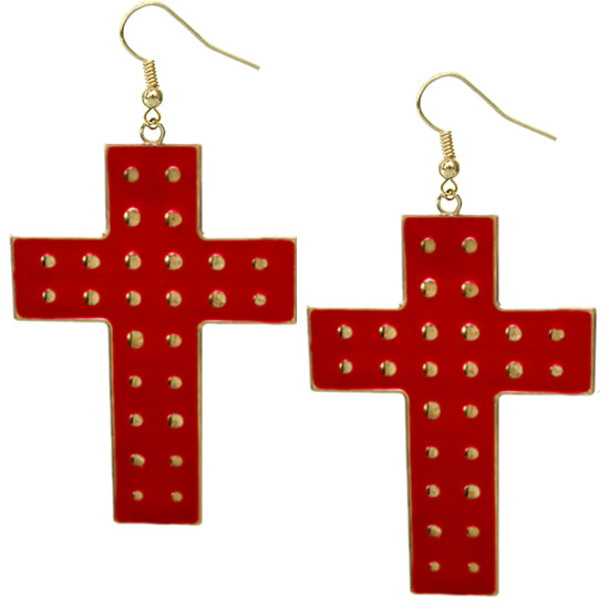 Red Dotted Cross Dangle Earrings