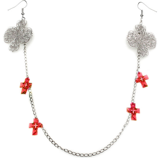 Red Double Cross Chain Necklace Earrings
