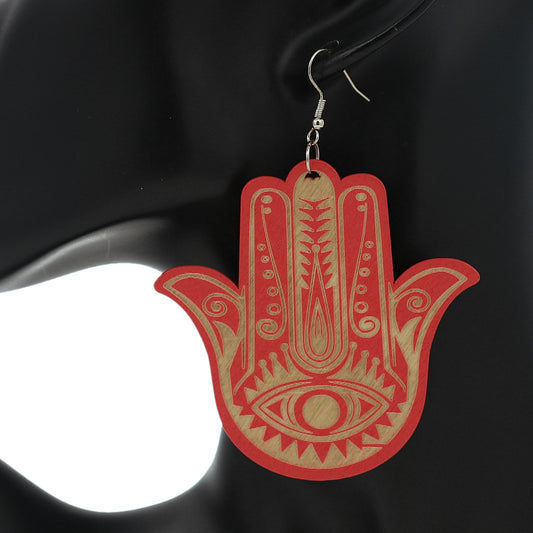 Red Evil Eye Hamsa Hand Wooden Dangle Earrings