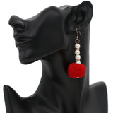 Red CZ Faux Pearl Pom Pom Earrings