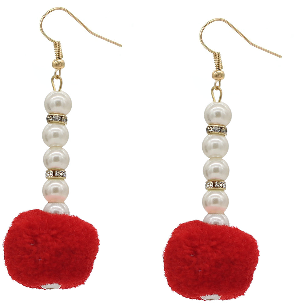 Red CZ Faux Pearl Pom Pom Earrings