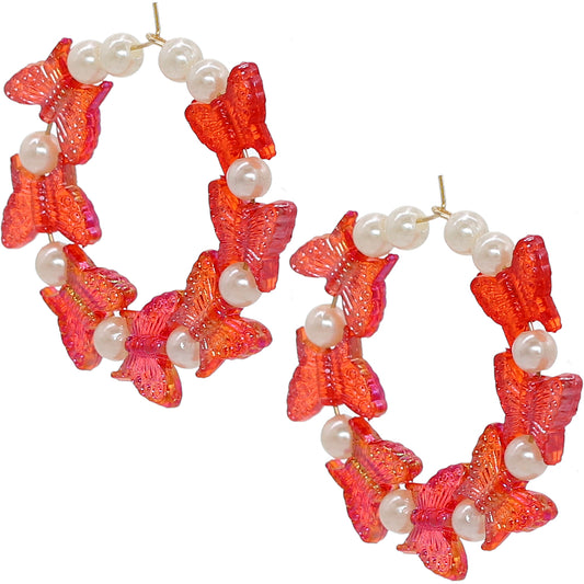 Red Butterfly Faux Pearl Mini Hoop Earrings