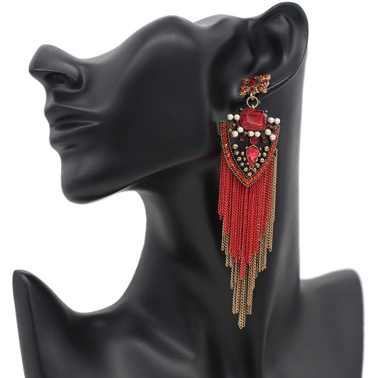 Red Faux Pearl Gemstone Long Chain Earrings