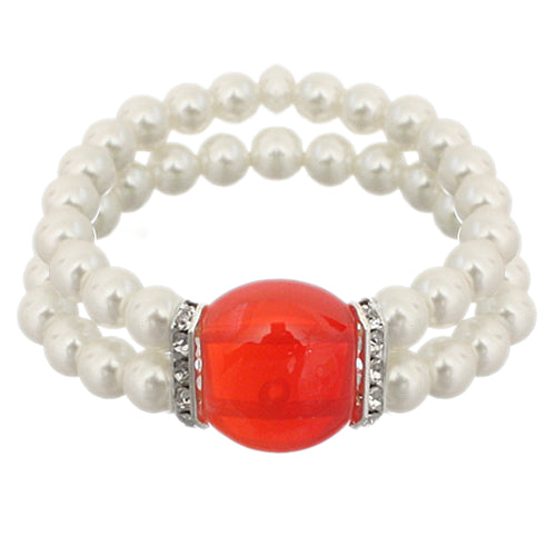 Red Gemstone Faux Pearl Stretch Bracelet
