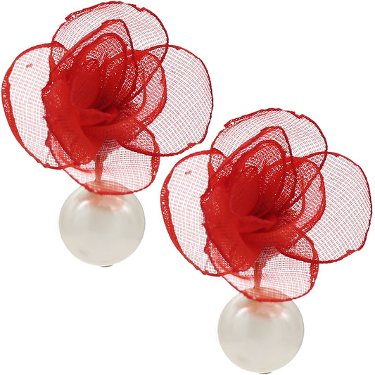 Red Tulle Faux Pearl Stud Earrings