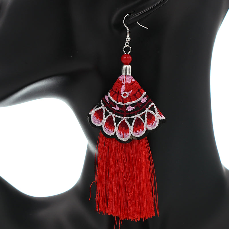 Red Embroidered Ruffle Long Tassel Dangle Earrings