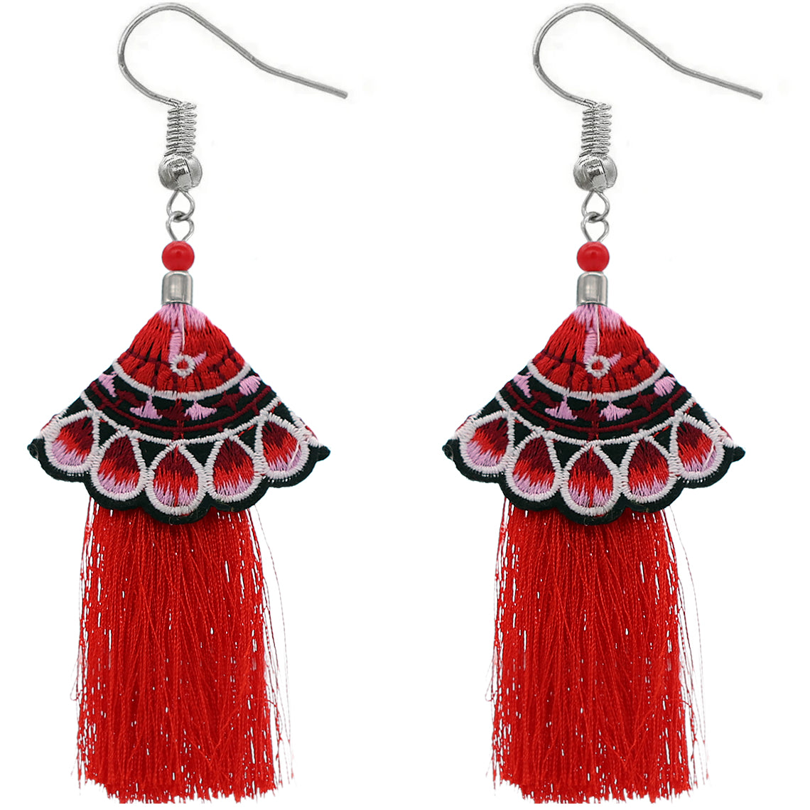 Red Embroidered Ruffle Long Tassel Dangle Earrings