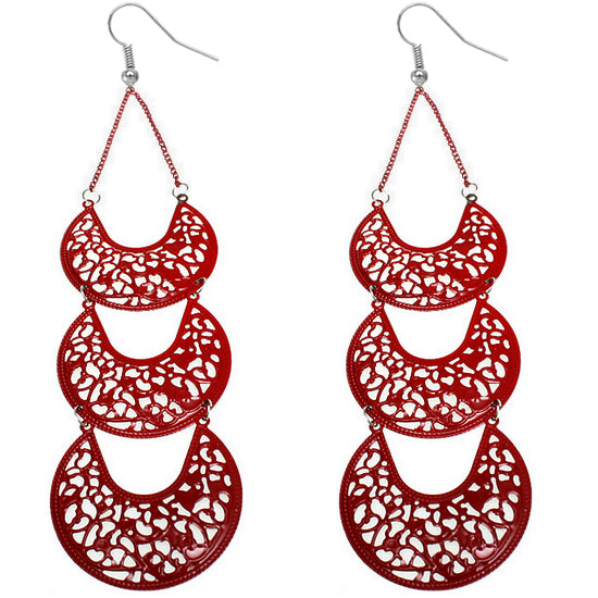 Red Filigree Crescent Long Chain Earrings