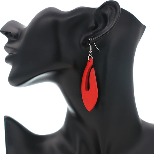 Red Tribal Fishhook Design Wooden Earrings