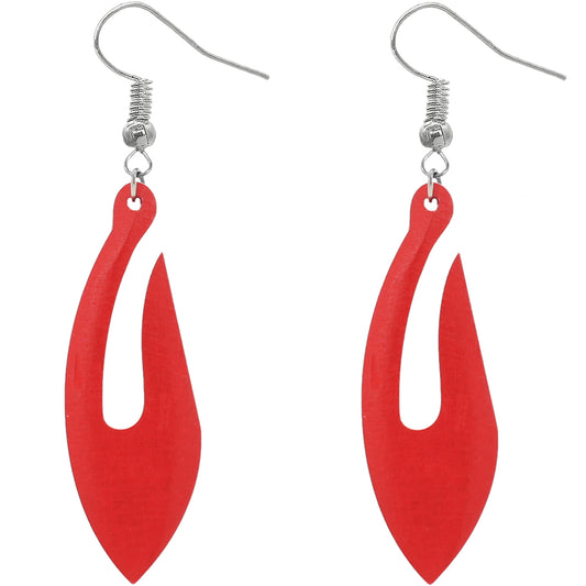 Red Tribal Fishhook Design Wooden Earrings