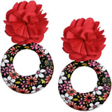 Red Floral Fabric Drop Hoop Earrings