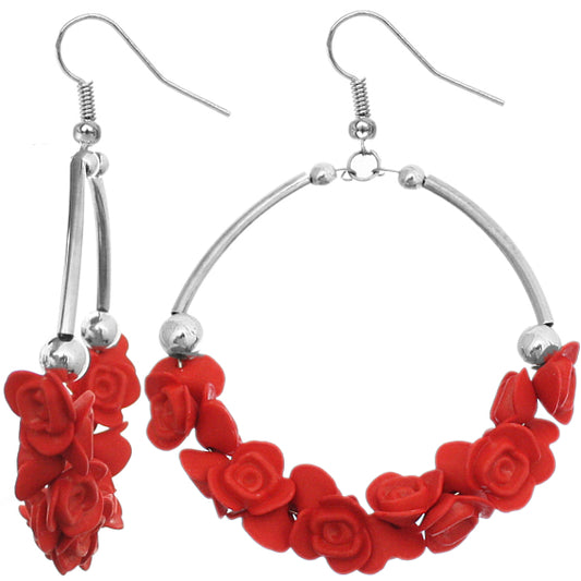 Red flower hoop earrings