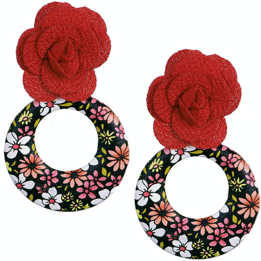 Red Flower Open Circle Earrings