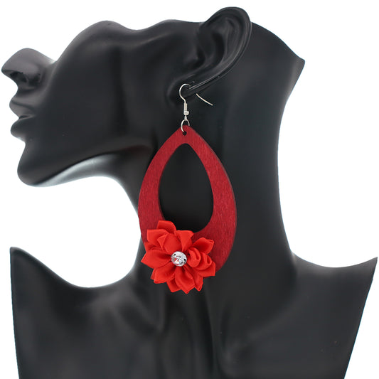 Red Flower Wooden Teardrop Earrings