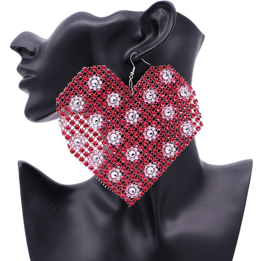 Red Mesh Rhinestone Heart Earrings