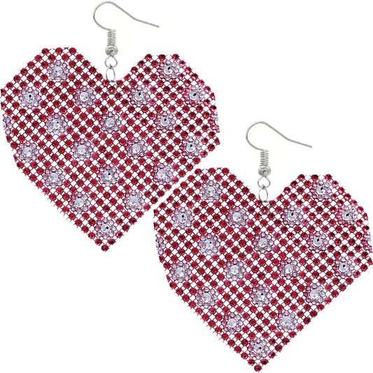 Red Mesh Rhinestone Heart Earrings