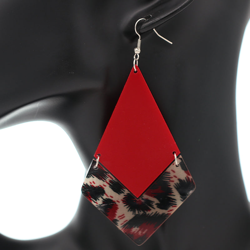 Red Geometric Leopard Print Dangle Earrings