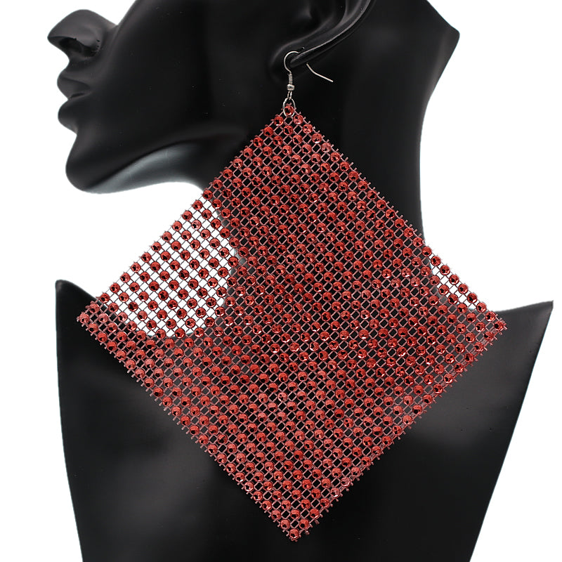 Red Enormous Mesh Rhinestone Drop Earrings