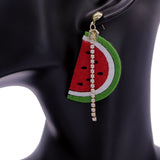 Green Red Seeded Watermelon Half Rhinestone Earrings
