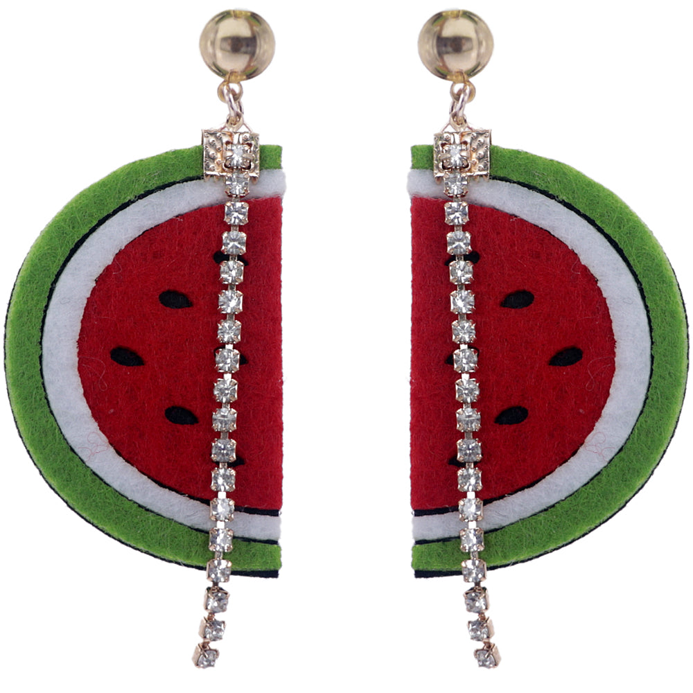 Green Red Seeded Watermelon Half Rhinestone Earrings