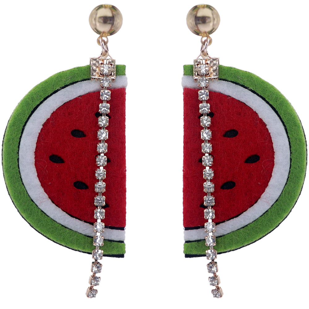Green Red Seeded Watermelon Half Rhinestone Earrings