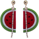 Green Red Seeded Watermelon Half Rhinestone Earrings