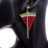 Green Red Seeded Watermelon Slice Rhinestone Earrings
