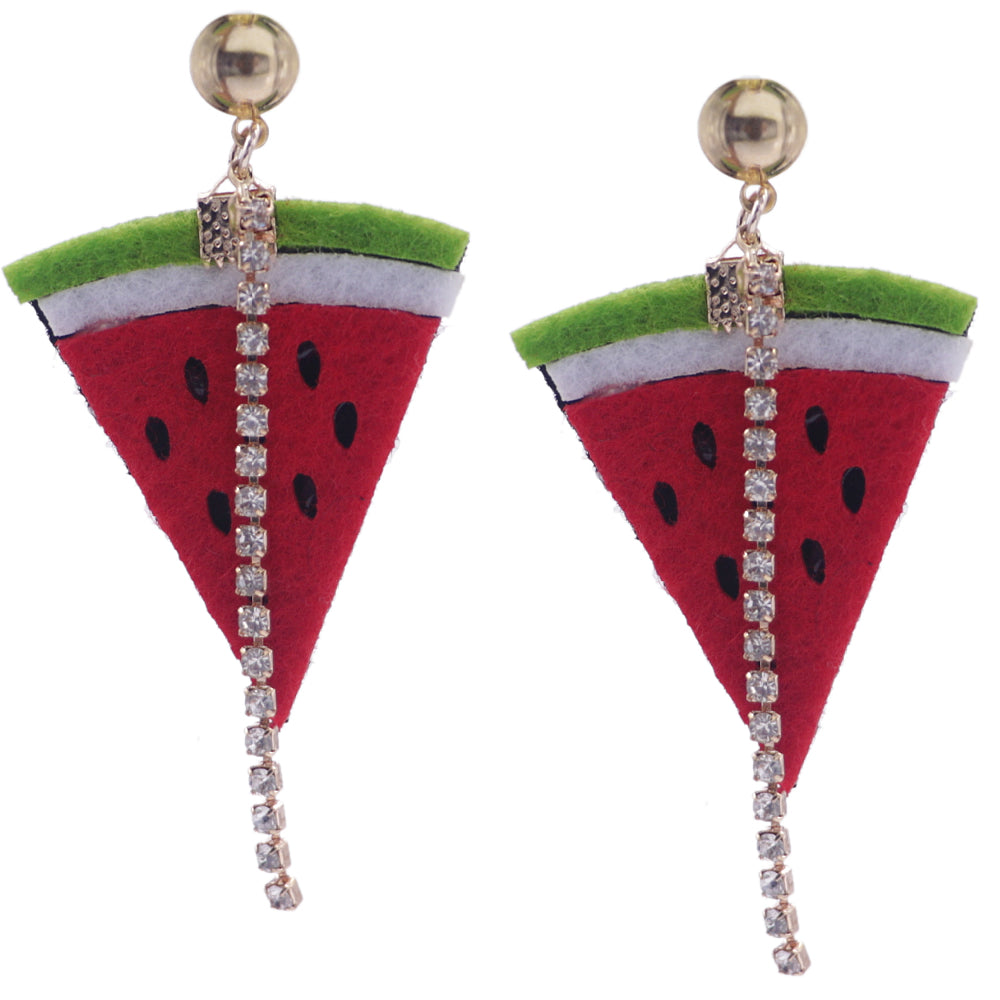 Green Red Seeded Watermelon Slice Rhinestone Earrings