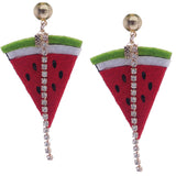 Green Red Seeded Watermelon Slice Rhinestone Earrings