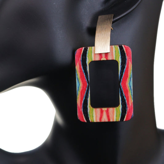 Red Multicolor Wavy Pattern Rectangle Wooden Earrings