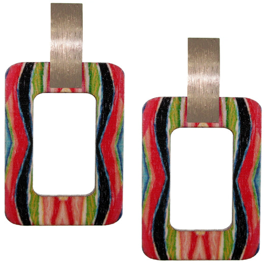 Red Multicolor Wavy Pattern Rectangle Wooden Earrings