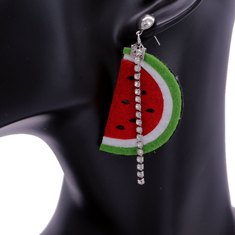 Green Red Seeded Watermelon Half Rhinestone Earrings