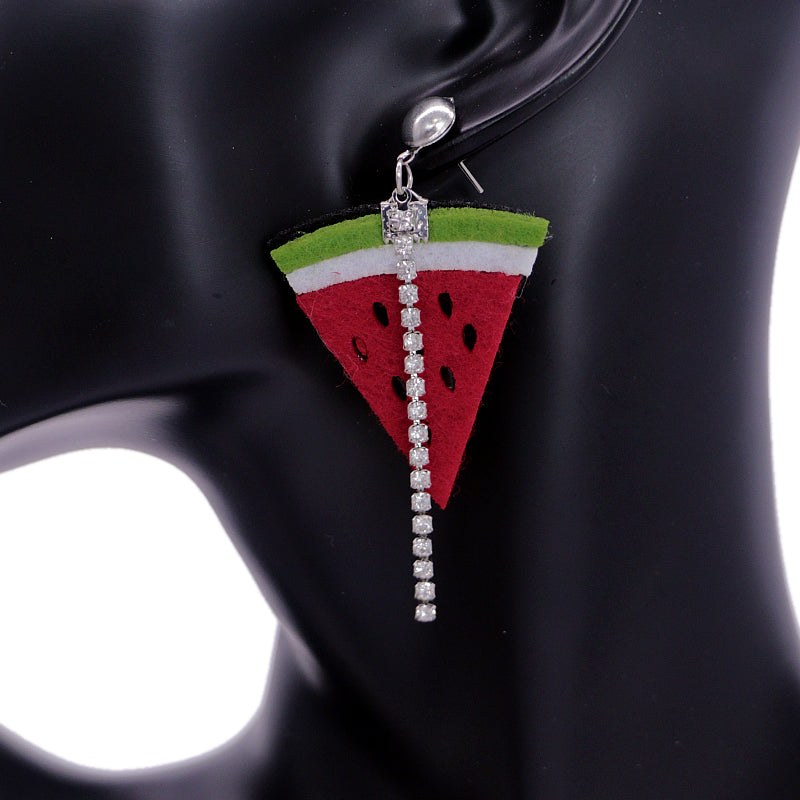 Green Red Seeded Watermelon Slice Rhinestone Earrings