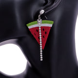 Green Red Seeded Watermelon Slice Rhinestone Earrings